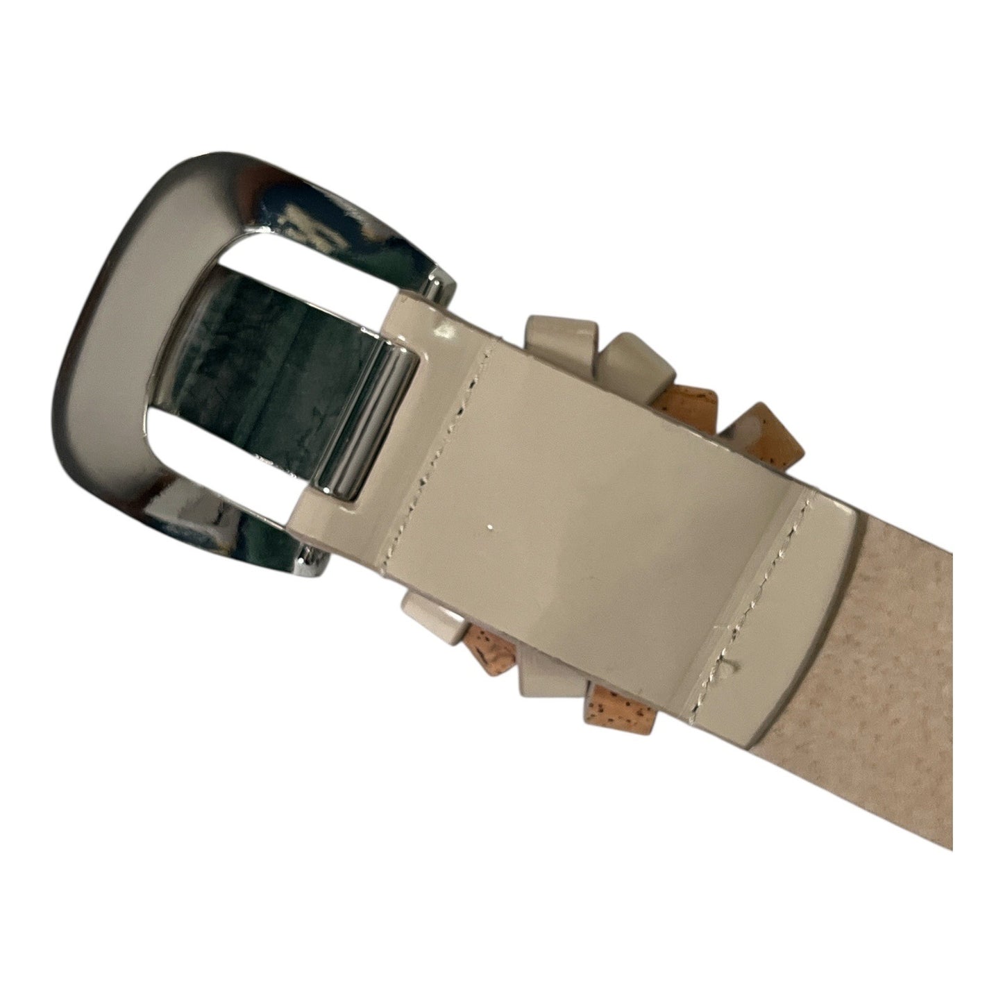 White House Black Market Beige Patent & Cork Belt Women’s Size S – 29.5" – Silver Buckle