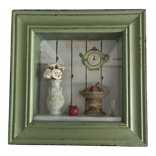 Dennis East International Kitchen Shadow Box – Sage Green Frame with Teapot Clock, Fruit Compote, Vase – Early 2000s