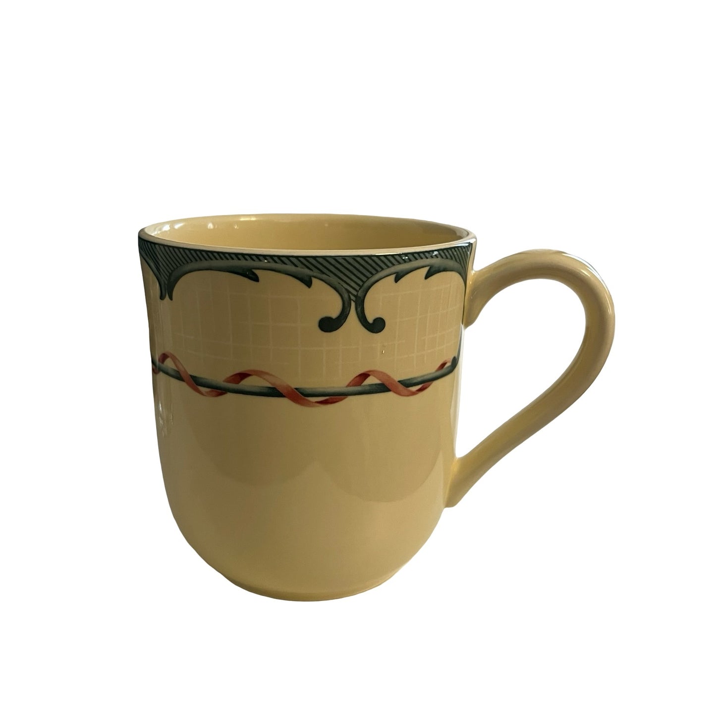 Lenox Tan Coffee Mug Green Scroll Border Ribbon Pattern Dishwasher Safe Set or Single