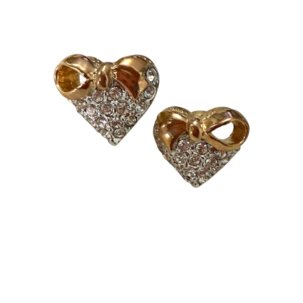IMAN Signed Gold Tone Heart Bow Rhinestone Stud Earrings 0.75 Inch