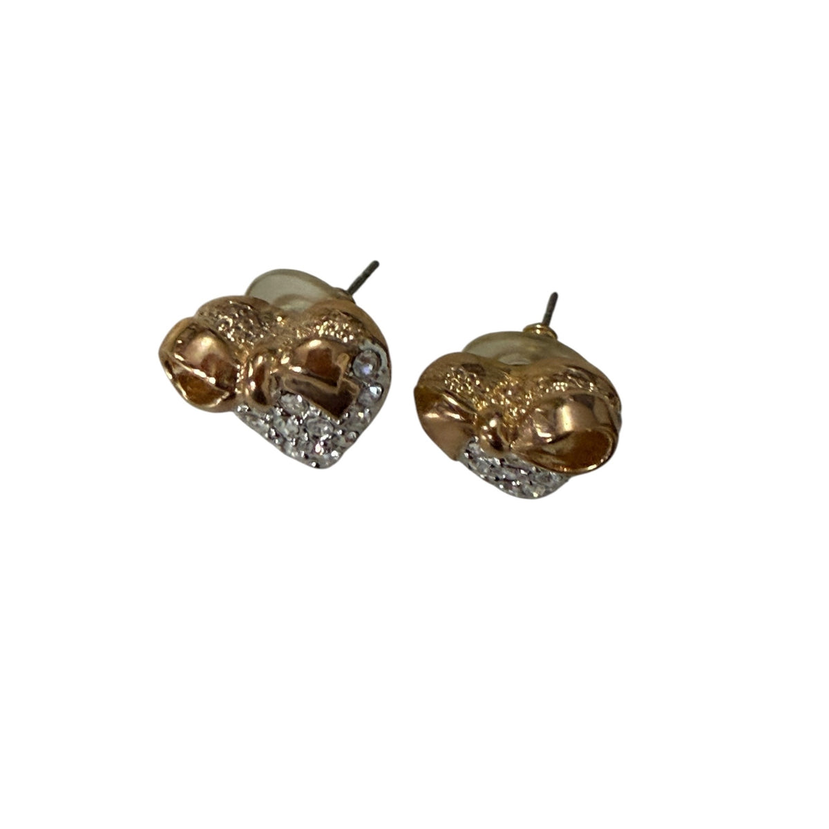 IMAN Signed Gold Tone Heart Bow Rhinestone Stud Earrings 0.75 Inch
