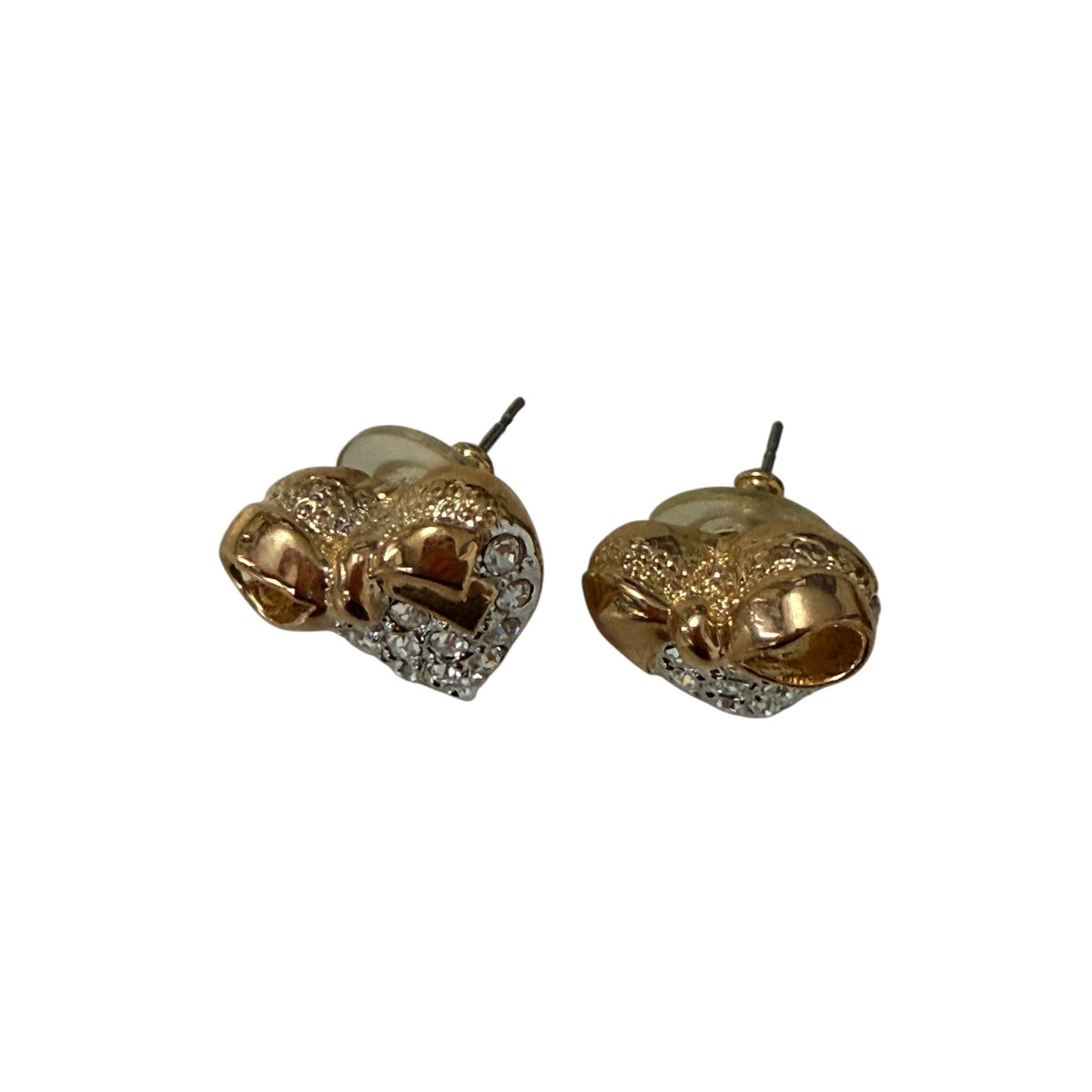 IMAN Signed Gold Tone Heart Bow Rhinestone Stud Earrings 0.75 Inch