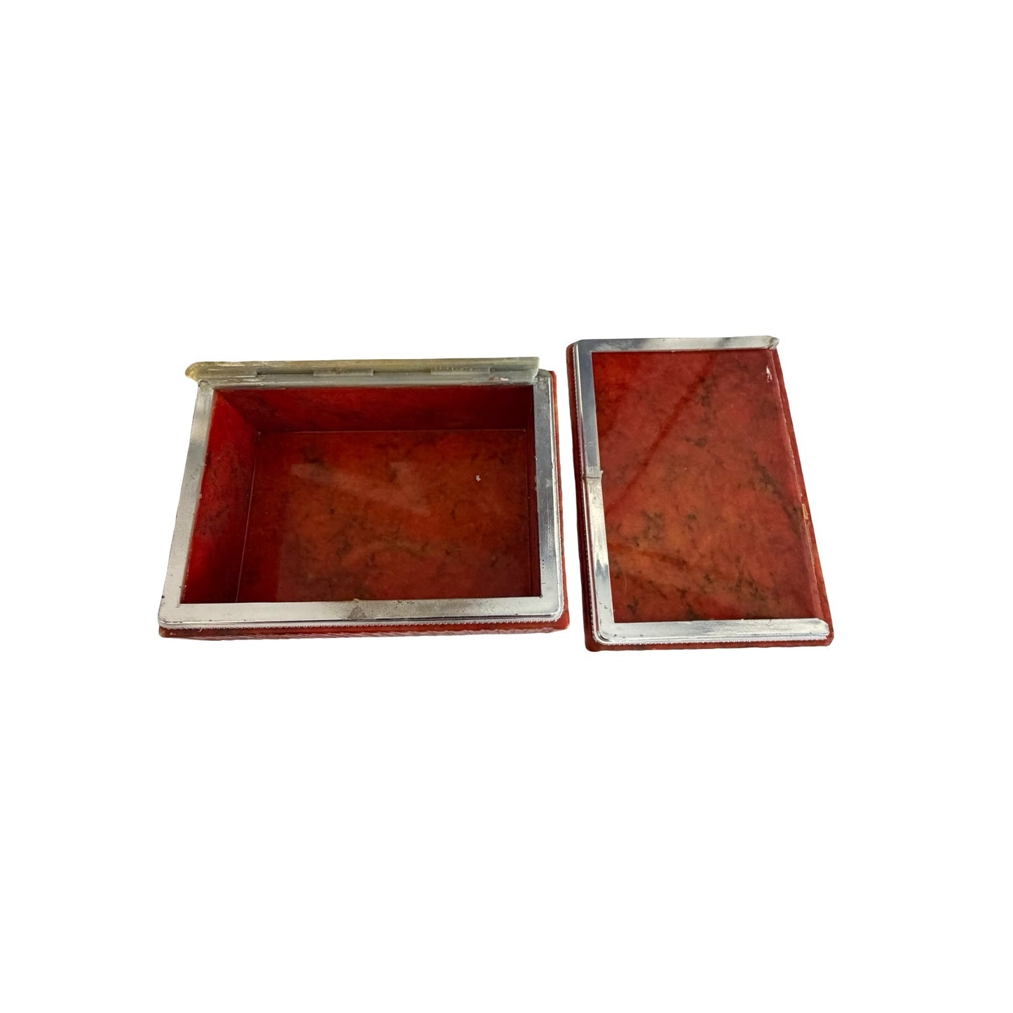 Vintage Italian Genuine Alabaster Trinket Box Red Marble Look Jewelry Box Lid Detached