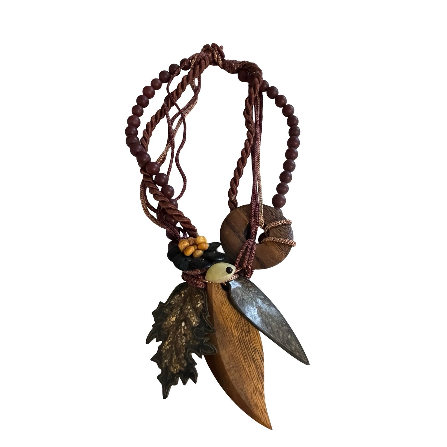 Boho Statement Necklace Wood Stone Leaf Pendant Multi Strand Brown Blue