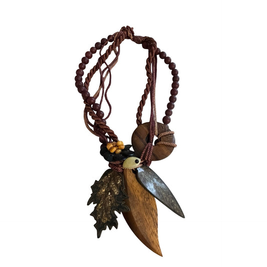 Boho Statement Necklace Wood Stone Leaf Pendant Multi Strand Brown Blue