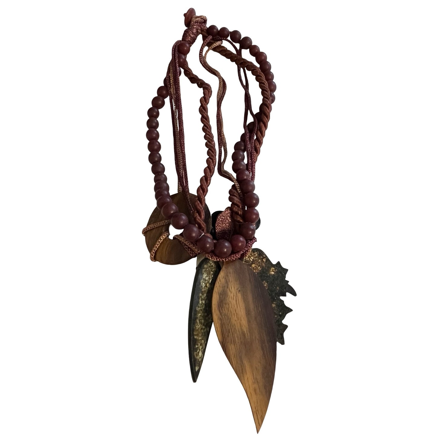 Boho Statement Necklace Wood Stone Leaf Pendant Multi Strand Brown Blue