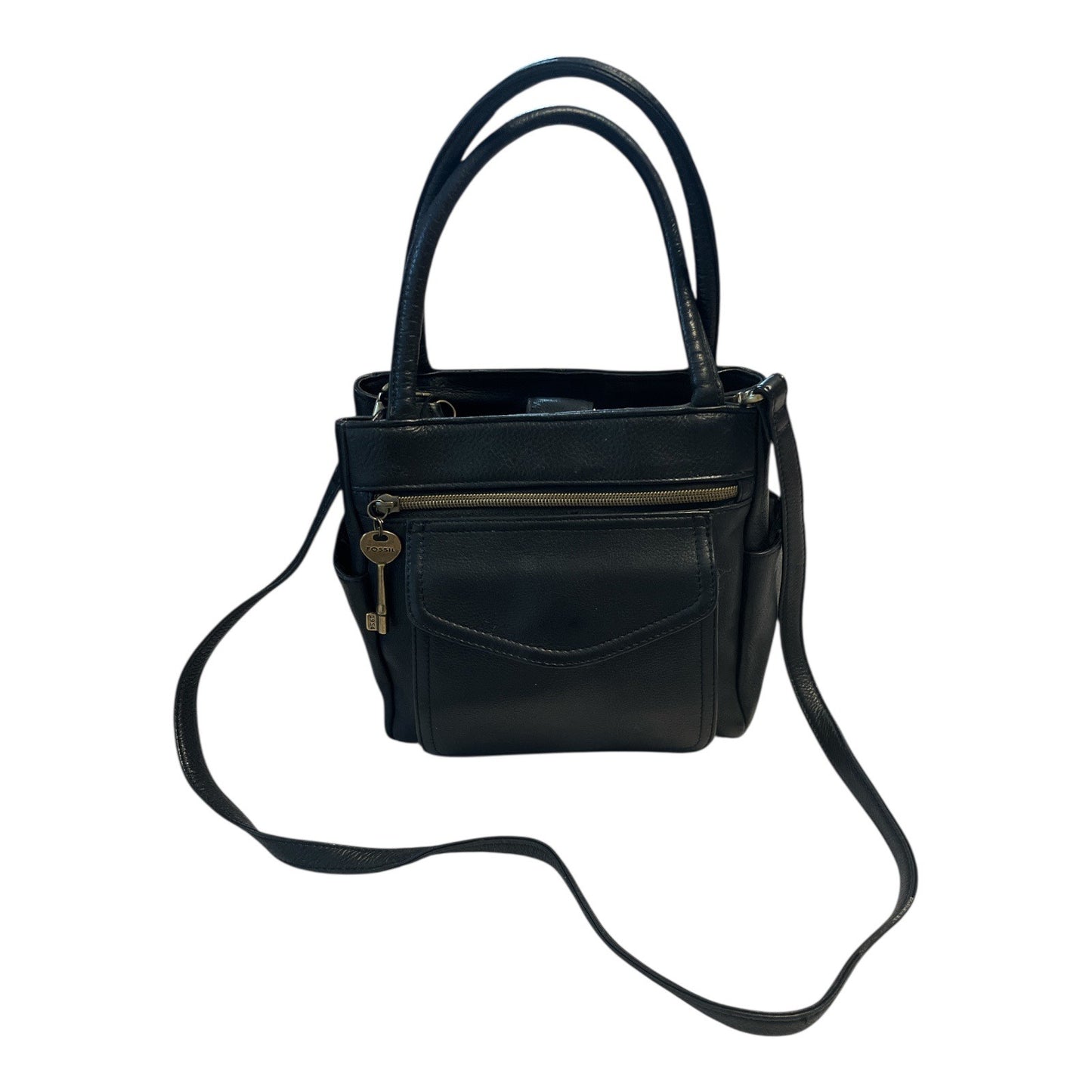 Fossil Black Leather Satchel Crossbody Bag – Top Handles & Zip Pocket – 8 x 10 x 3 in – 5” Drop