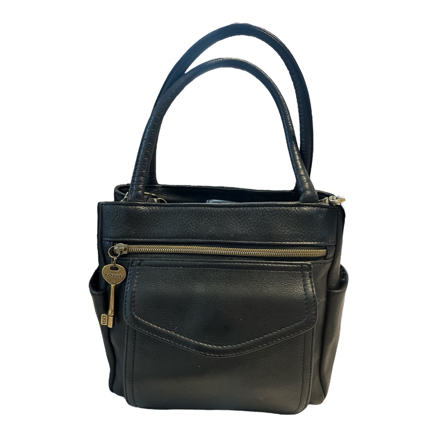 Fossil Black Leather Satchel Crossbody Bag – Top Handles & Zip Pocket – 8 x 10 x 3 in – 5” Drop