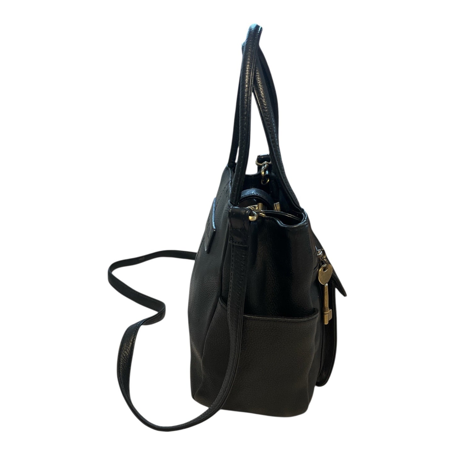 Fossil Black Leather Satchel Crossbody Bag – Top Handles & Zip Pocket – 8 x 10 x 3 in – 5” Drop