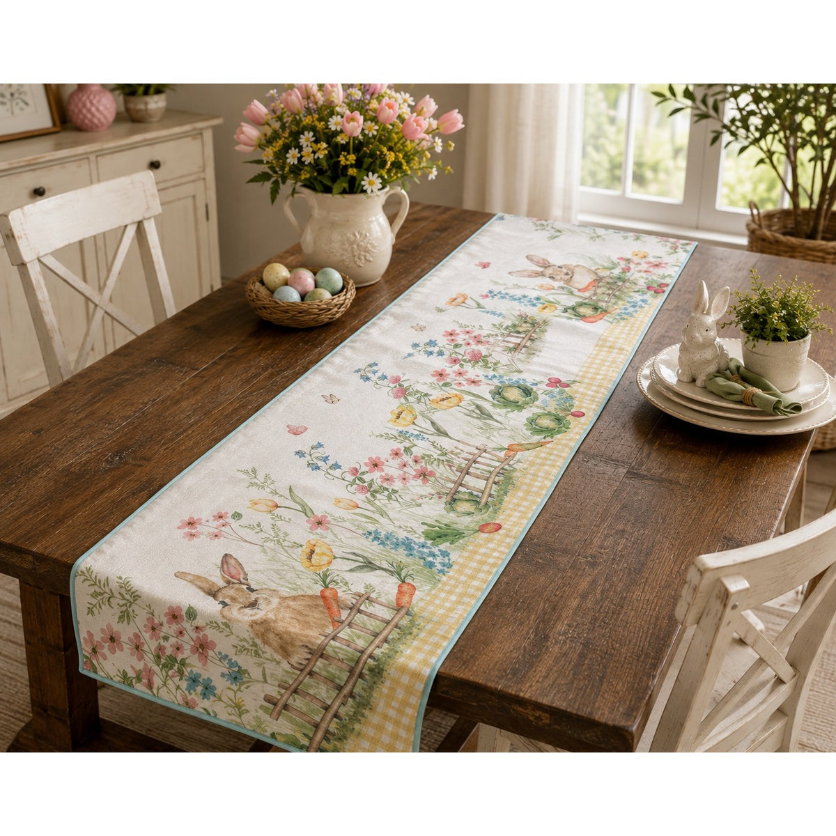 Tahari Home Spring Easter Bunny Garden Table Runner 90" Floral Rabbit