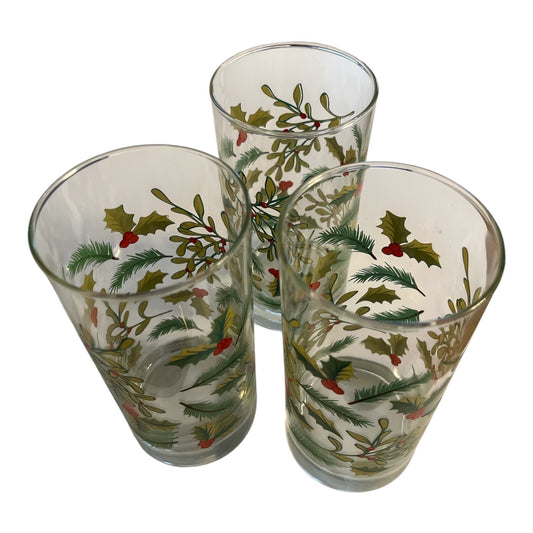 Vintage Crisa Holiday Glasses – Set of 3 Christmas Tumblers – Holly & Mistletoe