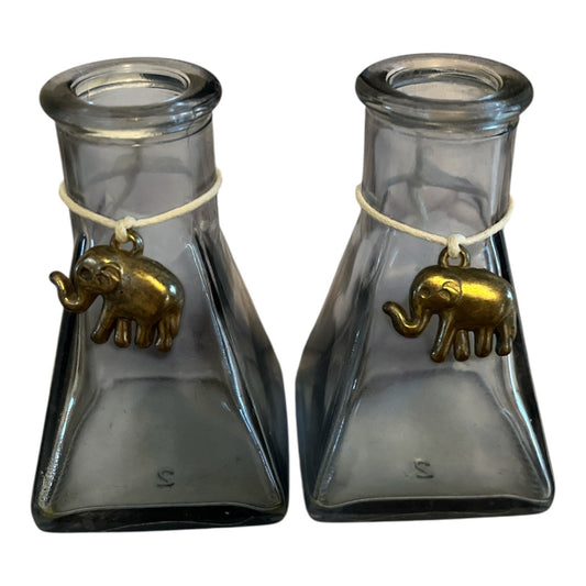 Vintage Square Glass Bottles with Brass Elephant Charms – 3.25” – Likely Used for Essential or Diffuser Oils – 1990s–2000s