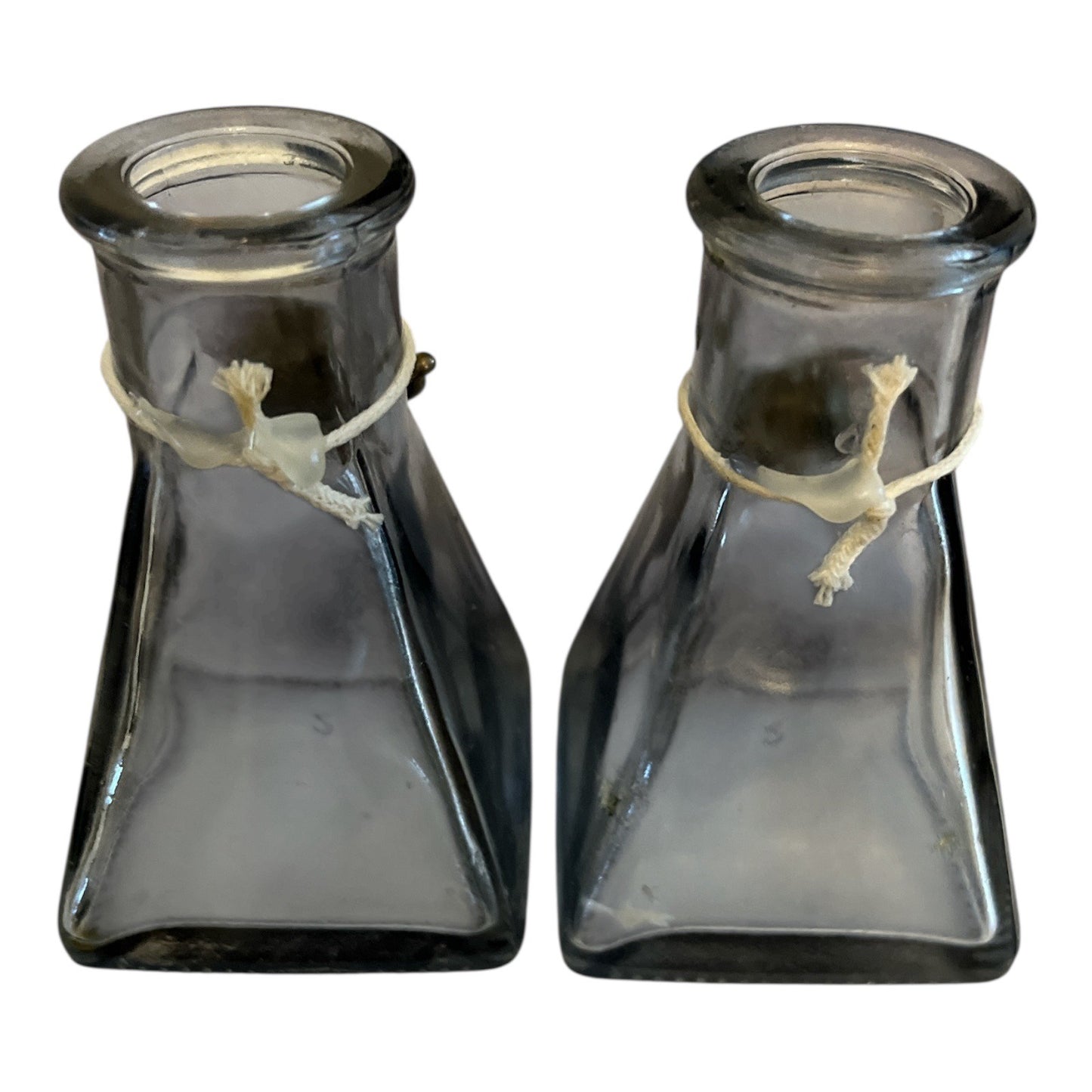 Vintage Square Glass Bottles with Brass Elephant Charms – 3.25” – Likely Used for Essential or Diffuser Oils – 1990s–2000s