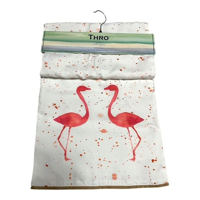 Thro by Marlo Lorenz Flamingo Table Runner 13x72 White Pink Coral Fringe NWT