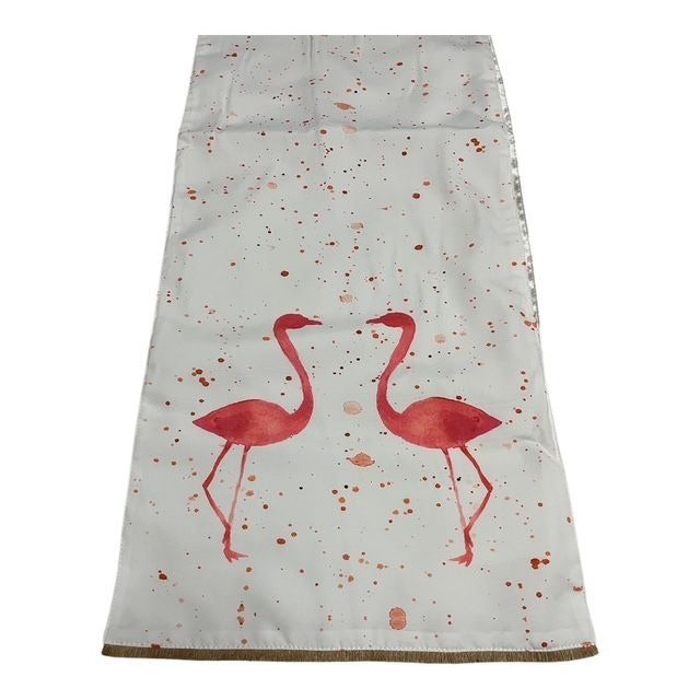 Thro by Marlo Lorenz Flamingo Table Runner 13x72 White Pink Coral Fringe NWT