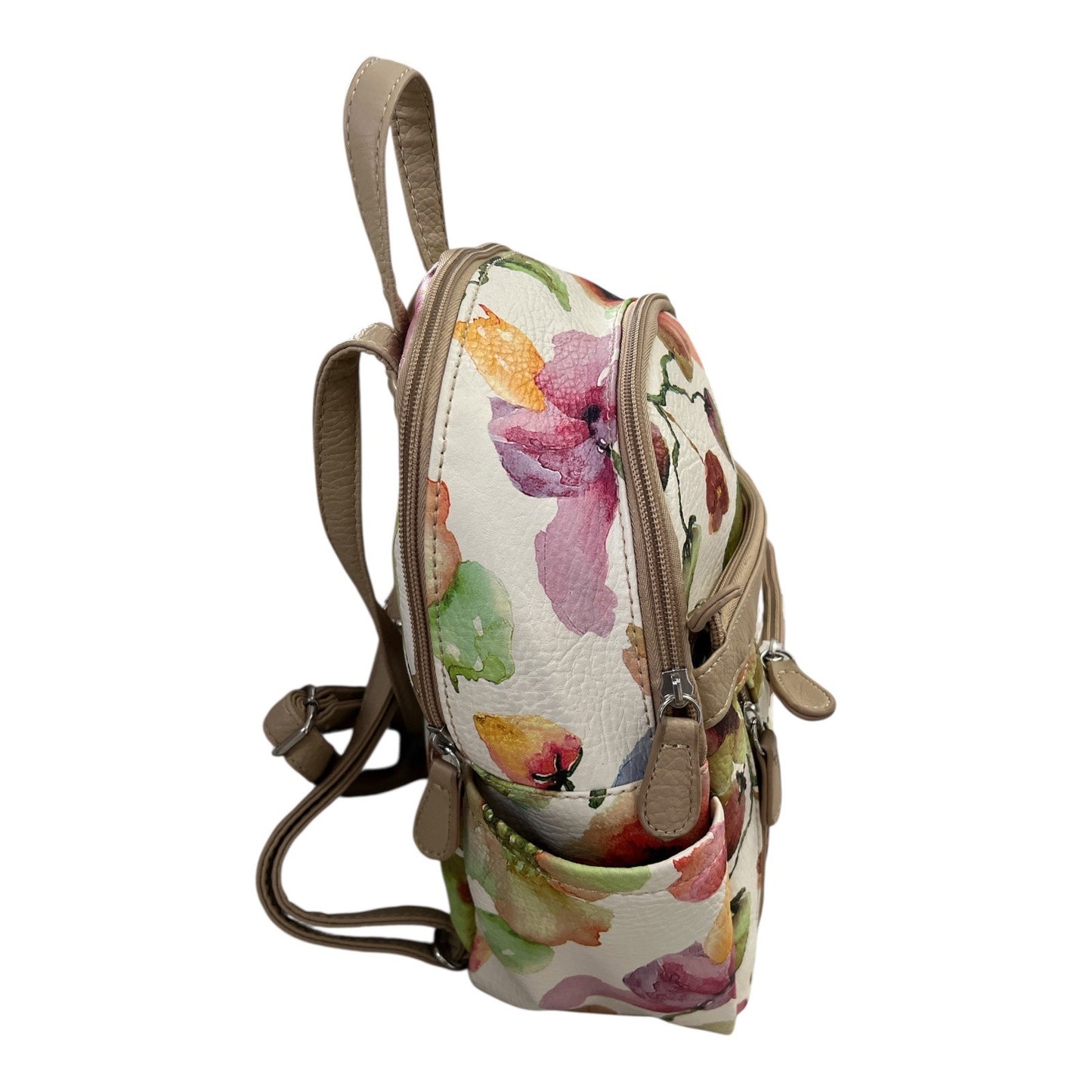 MultiSac Floral Mini Backpack Purse – Faux Leather, Zip Pockets, Adjustable Straps, 11x9x4