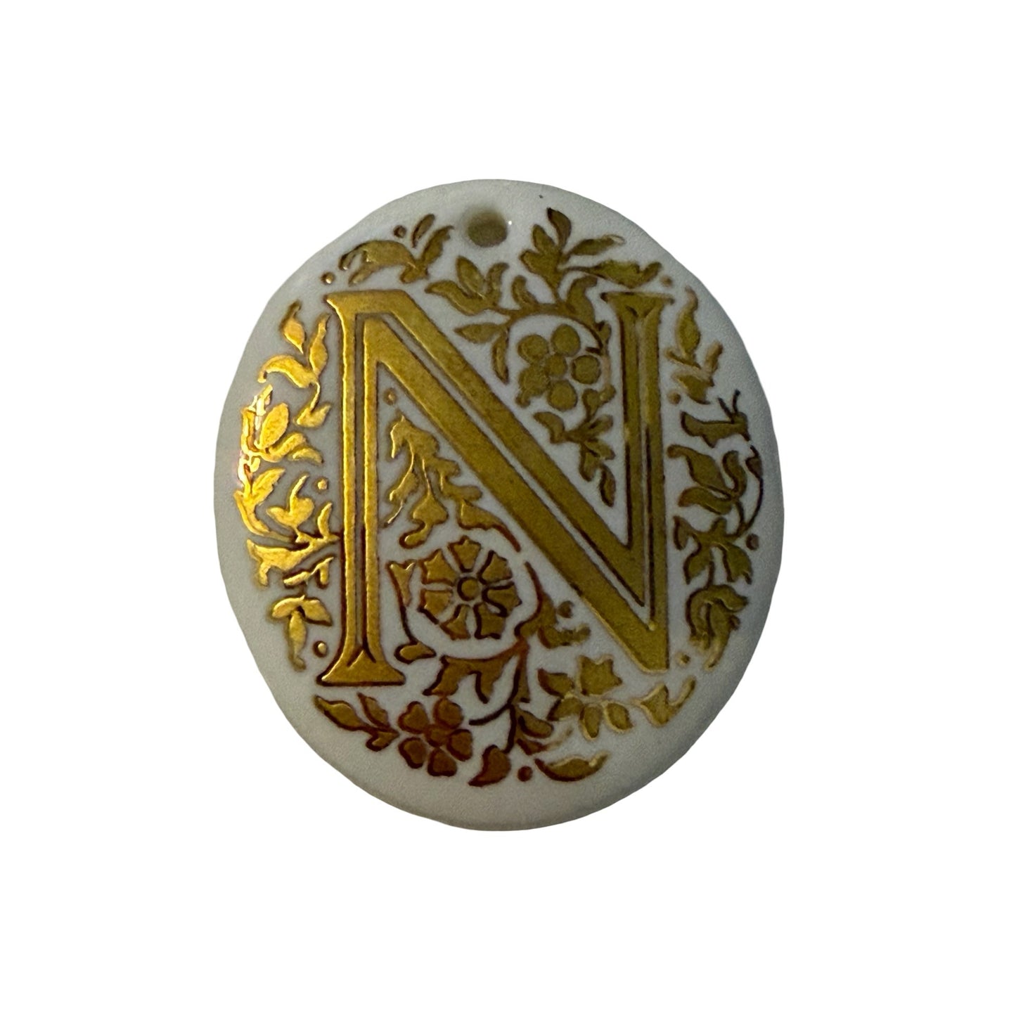 Vintage Porcelain Letter N Pendant Floral Monogram White Gold Ceramic Charm