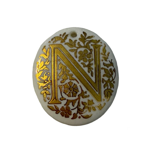Vintage Porcelain Letter N Pendant Floral Monogram White Gold Ceramic Charm