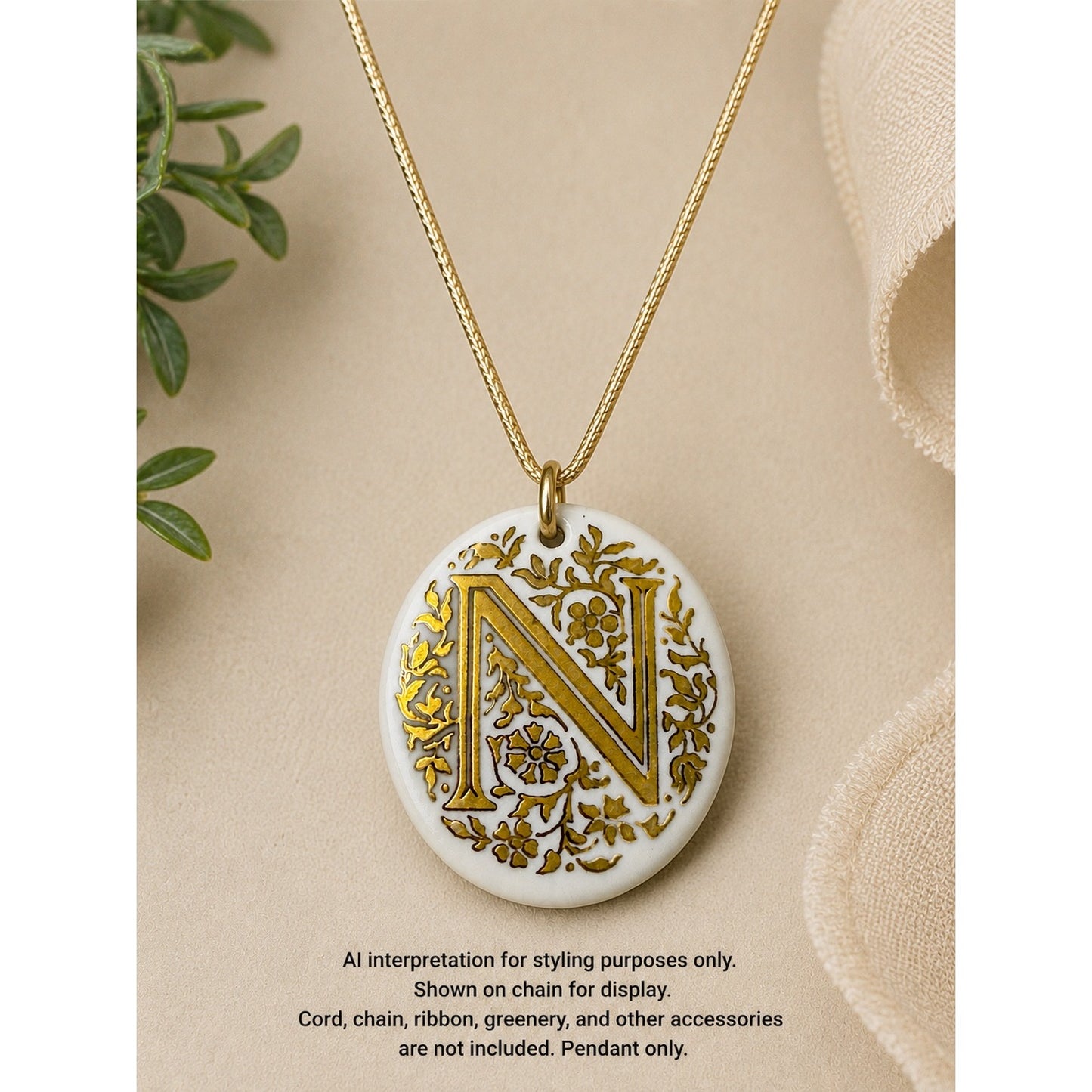 Vintage Porcelain Letter N Pendant Floral Monogram White Gold Ceramic Charm
