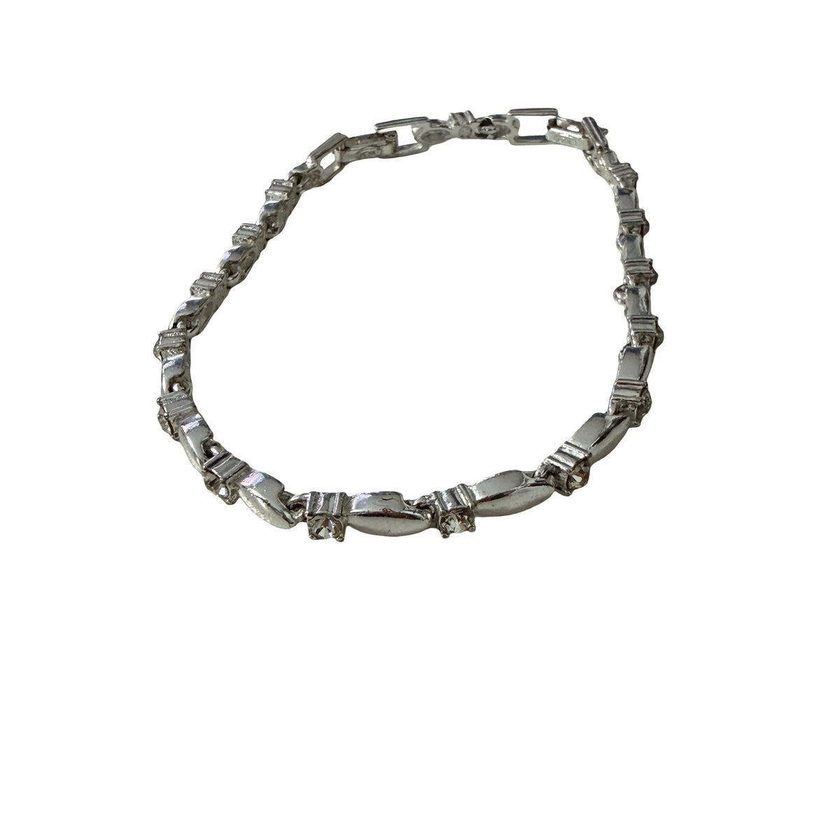 Vintage Avon Silver Tone Clear Rhinestone Geometric Link Bracelet 8.5"
