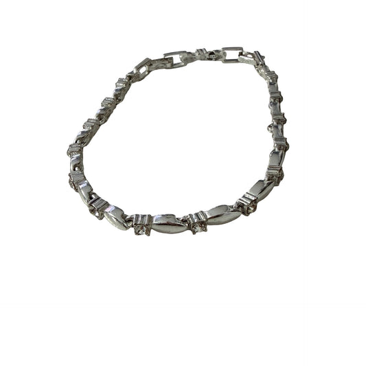 Vintage Avon Silver Tone Clear Rhinestone Geometric Link Bracelet 8.5"
