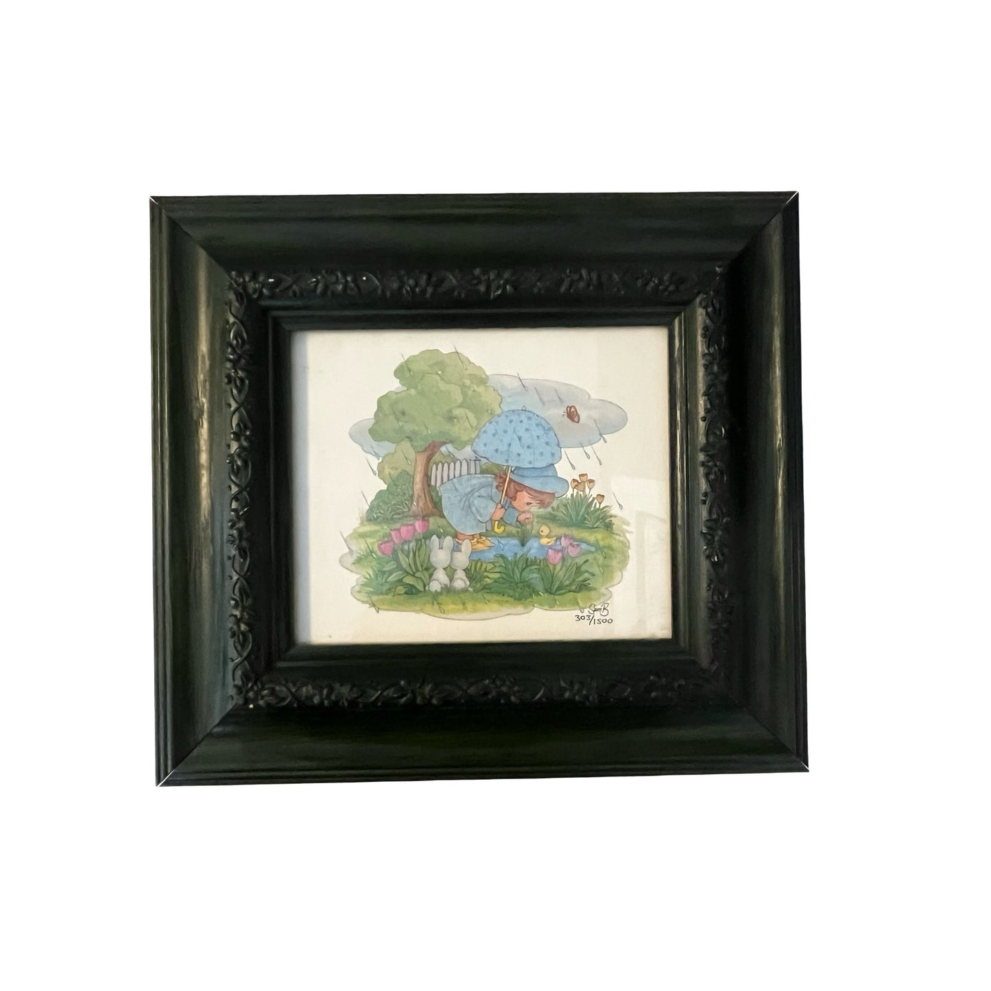 Vintage Framed Nursery Wall Art Child with Ducklings Rain Scene Limited Print Sami B 303/1500 1980s–1990s