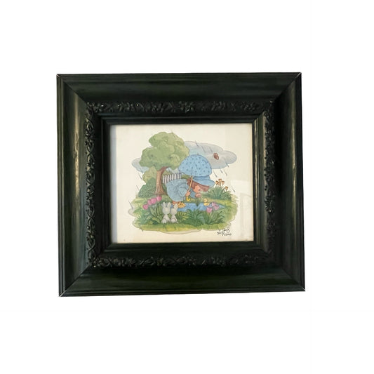 Vintage Framed Nursery Wall Art Child with Ducklings Rain Scene Limited Print Sami B 303/1500 1980s–1990s