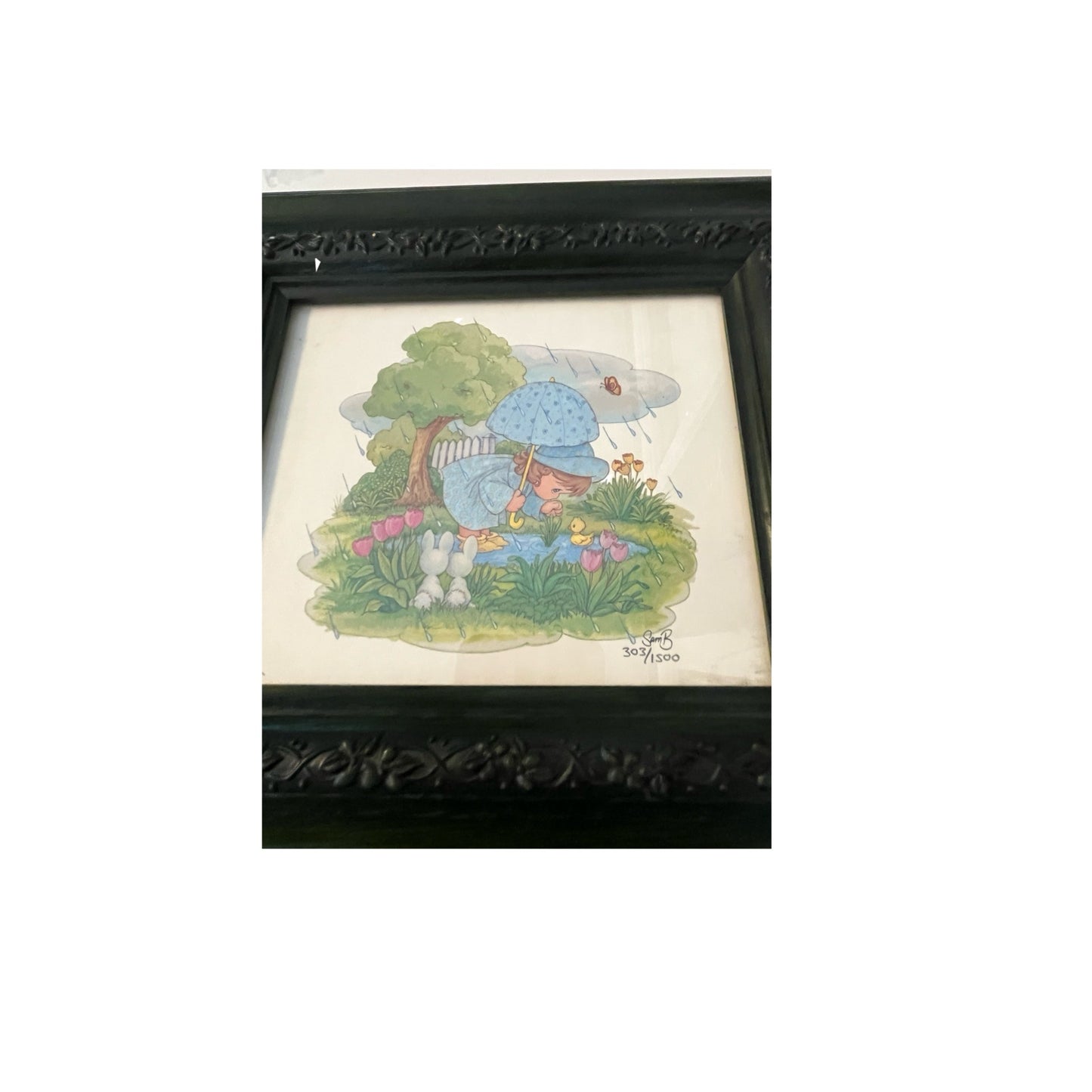 Vintage Framed Nursery Wall Art Child with Ducklings Rain Scene Limited Print Sami B 303/1500 1980s–1990s