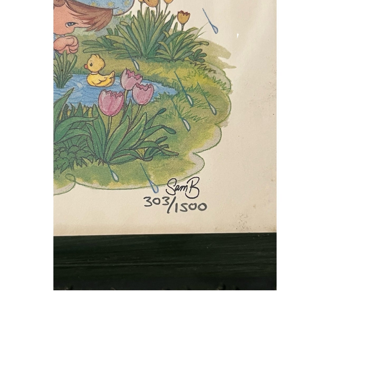 Vintage Framed Nursery Wall Art Child with Ducklings Rain Scene Limited Print Sami B 303/1500 1980s–1990s