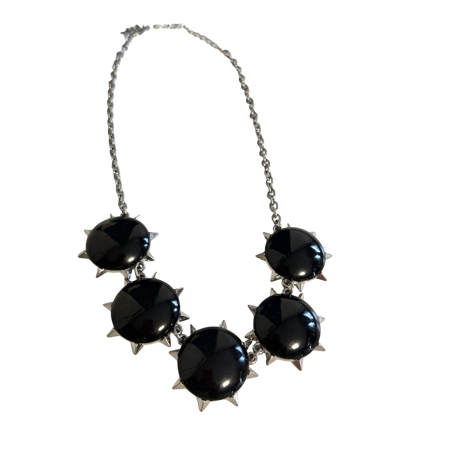 Vintage Charming Charlie Silver Tone Black Cabochon Spike Statement Necklace 16"