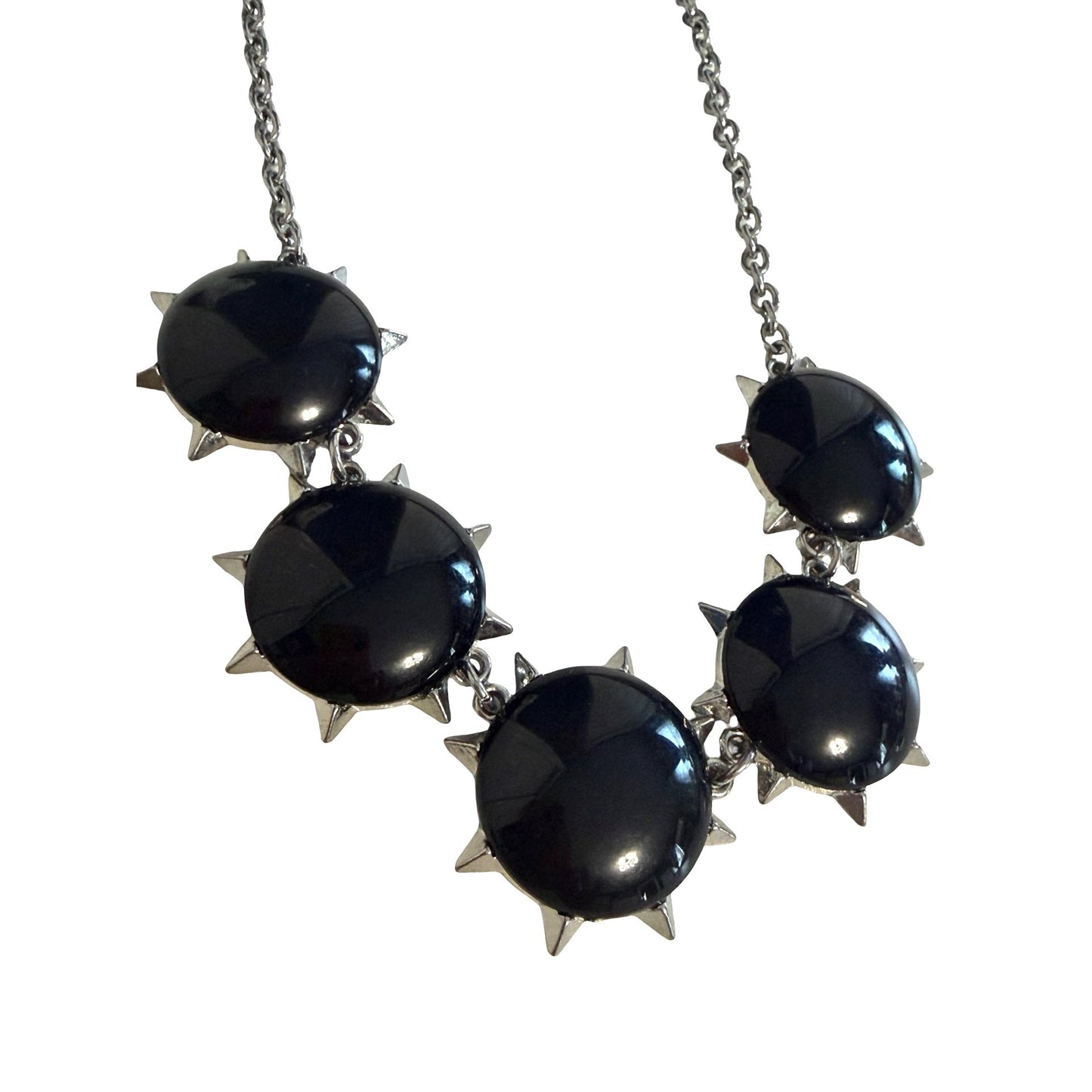 Vintage Charming Charlie Silver Tone Black Cabochon Spike Statement Necklace 16"