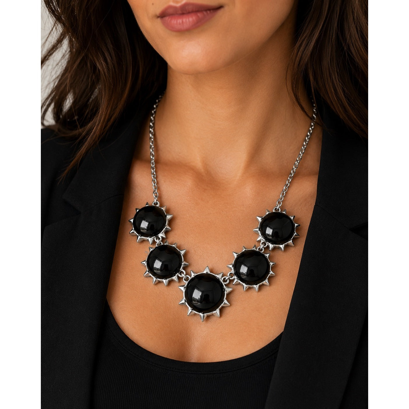 Vintage Charming Charlie Silver Tone Black Cabochon Spike Statement Necklace 16"