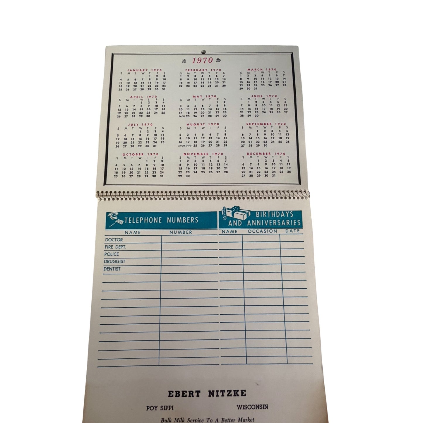 Lot of 2 Vintage 1970 Scenic Pocket Wall Calendars Ebert Nitzke Wisconsin Advertising Calendars