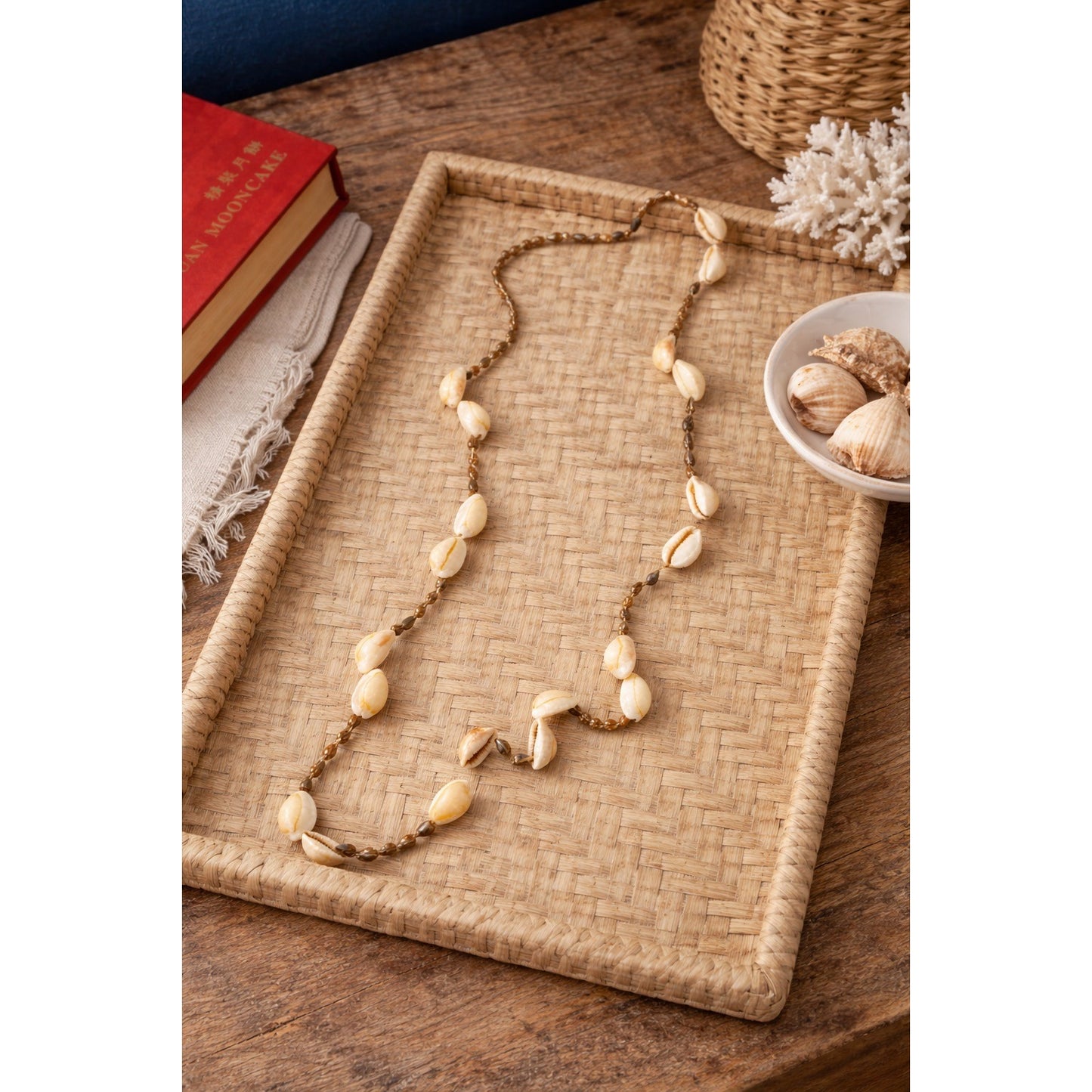 Vintage Cowrie Shell Beaded Necklace Beach Boho Coastal Jewelry Natural Shell Strand