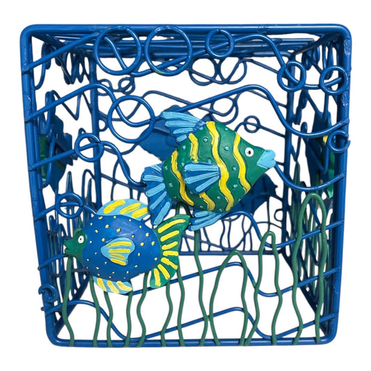 Vtg 1990s Handpainted Metal Fish Wire Basket – 6x6 Ocean Theme Coastal Decor
