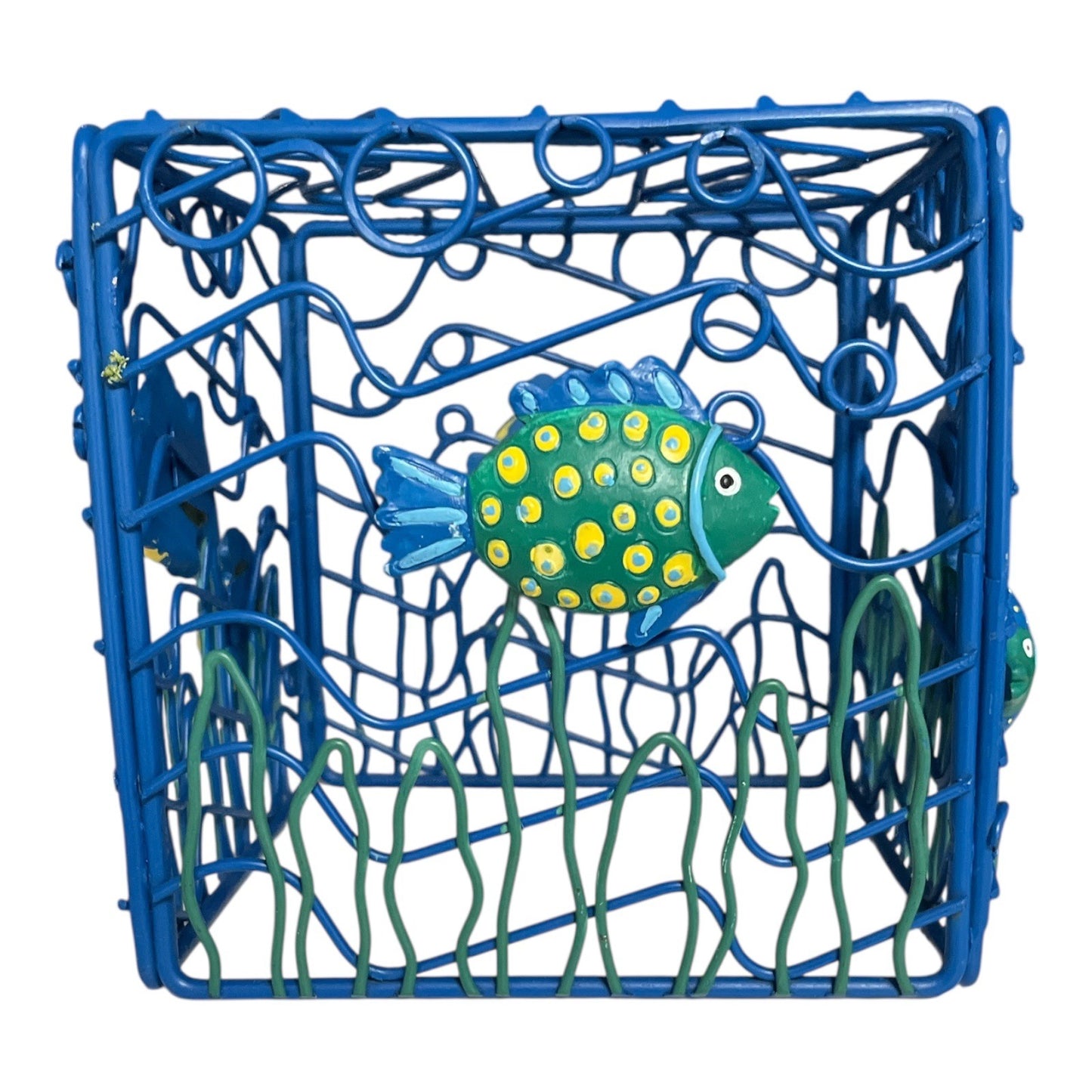 Vtg 1990s Handpainted Metal Fish Wire Basket – 6x6 Ocean Theme Coastal Decor