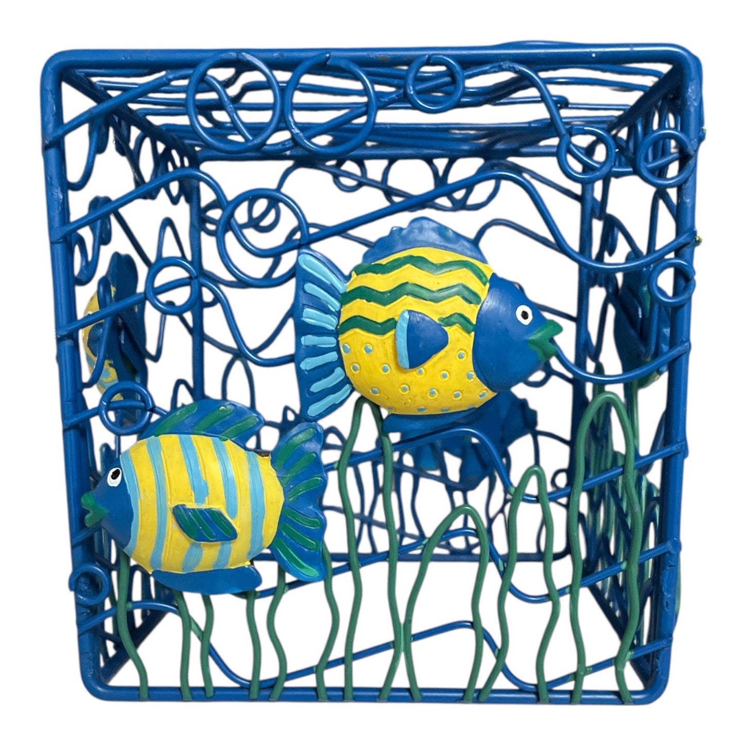Vtg 1990s Handpainted Metal Fish Wire Basket – 6x6 Ocean Theme Coastal Decor
