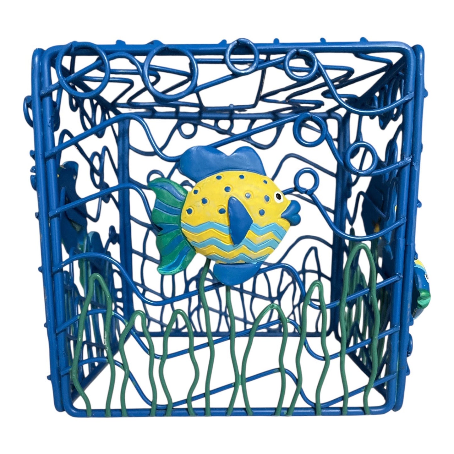 Vtg 1990s Handpainted Metal Fish Wire Basket – 6x6 Ocean Theme Coastal Decor