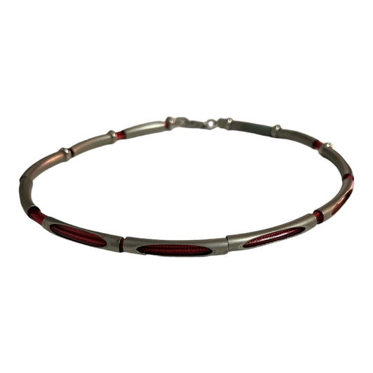 Vintage Cool Jewels Red Cord & Silver Tone Tube Necklace Choker 6”