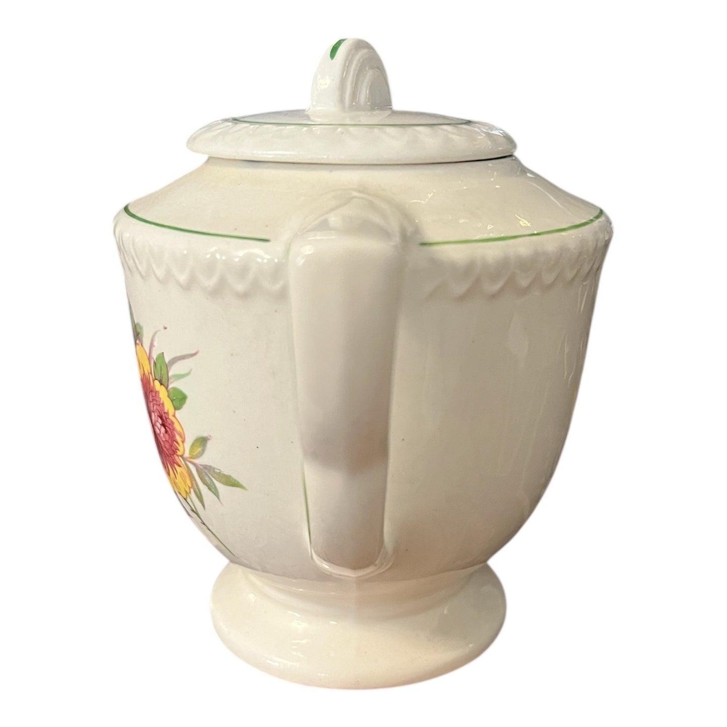 Mid Century English Floral Teapot – Made in England – Green Trim, Raised Band