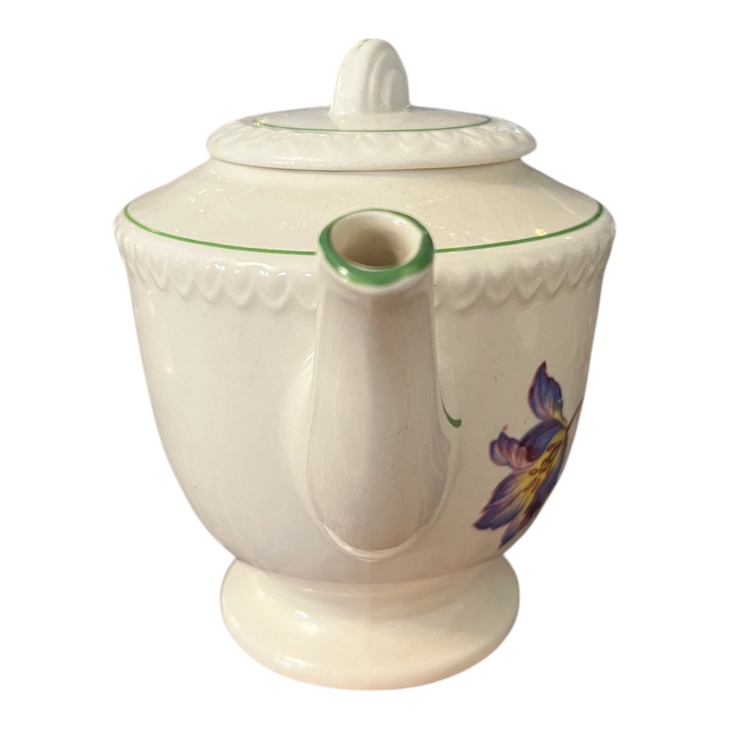 Mid Century English Floral Teapot – Made in England – Green Trim, Raised Band