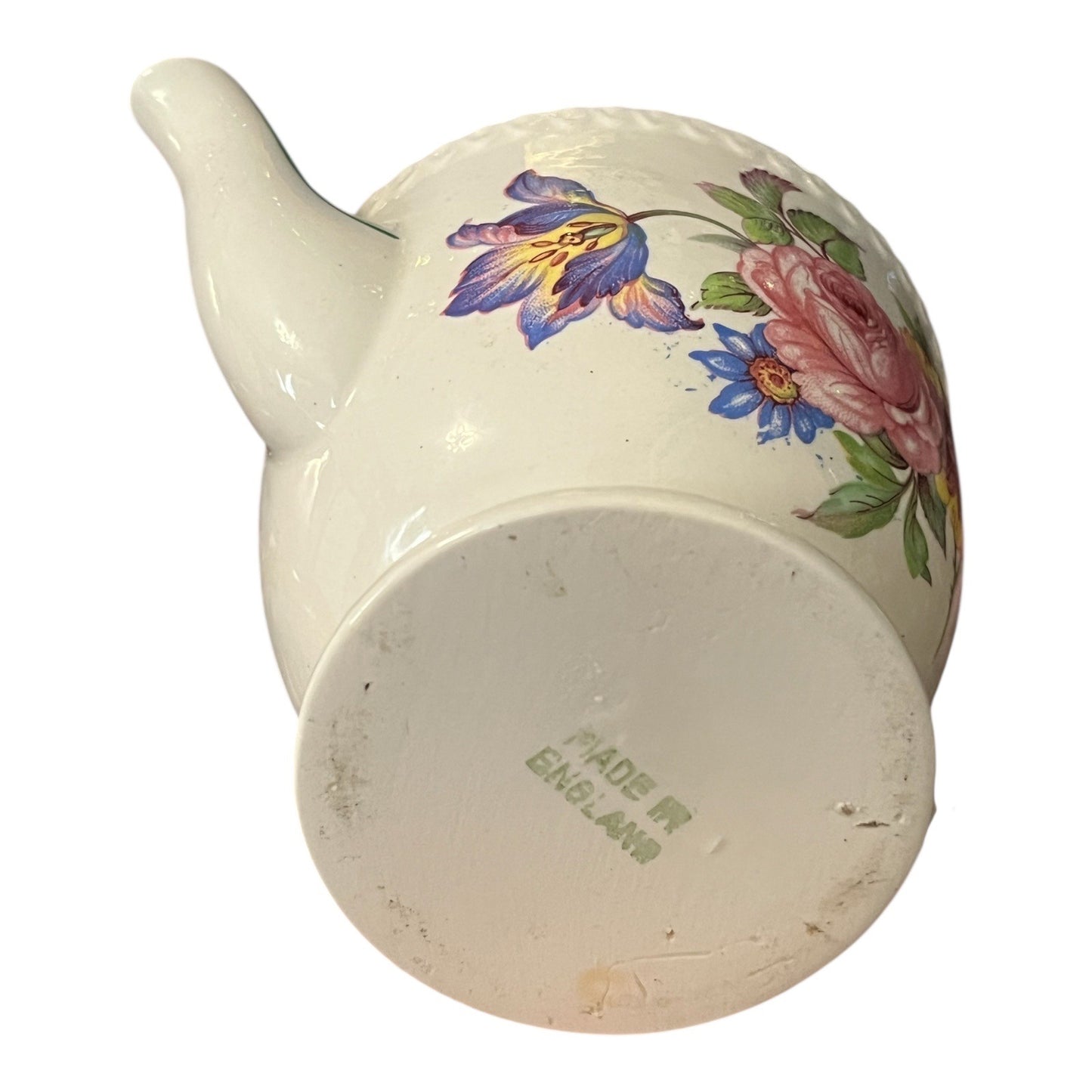 Mid Century English Floral Teapot – Made in England – Green Trim, Raised Band