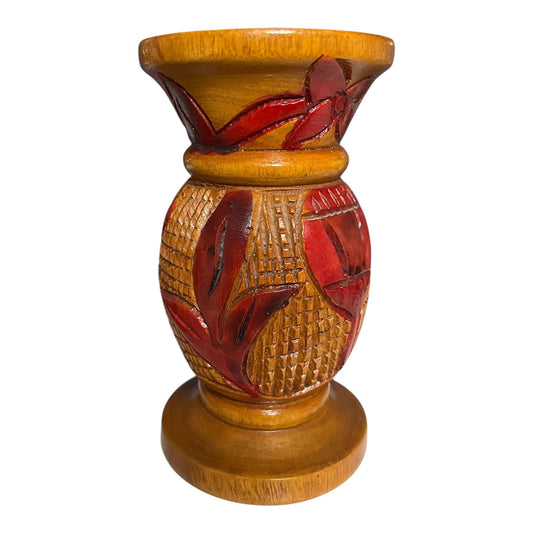 Hand-Carved Central American Wood Shallow Bud Vase – Red Floral Relief – Small Rustic Decor