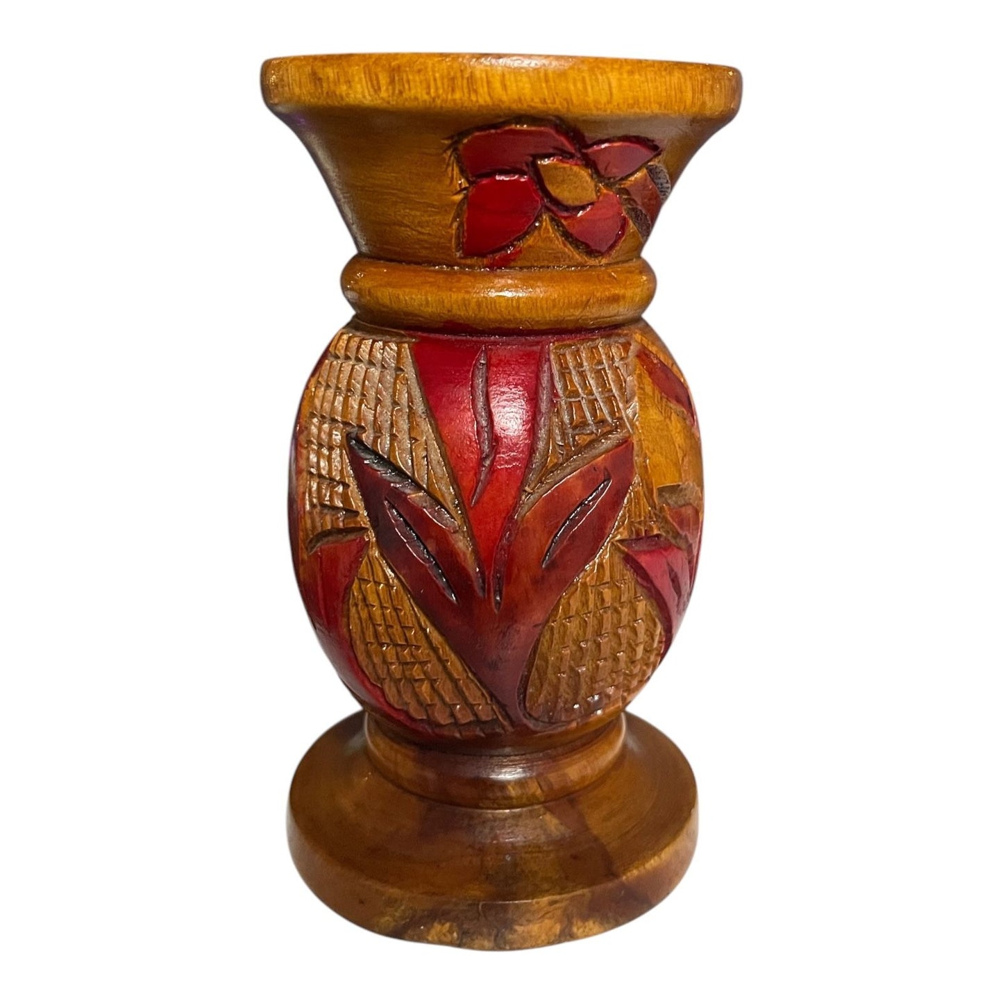Hand-Carved Central American Wood Shallow Bud Vase – Red Floral Relief – Small Rustic Decor