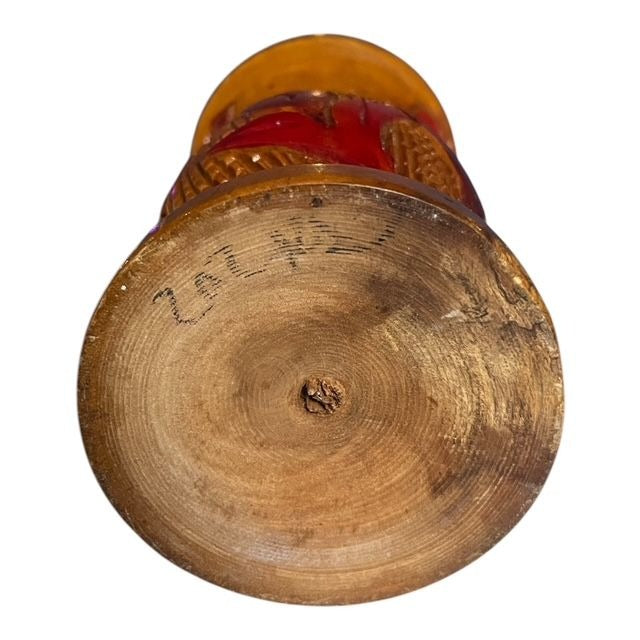 Hand-Carved Central American Wood Shallow Bud Vase – Red Floral Relief – Small Rustic Decor