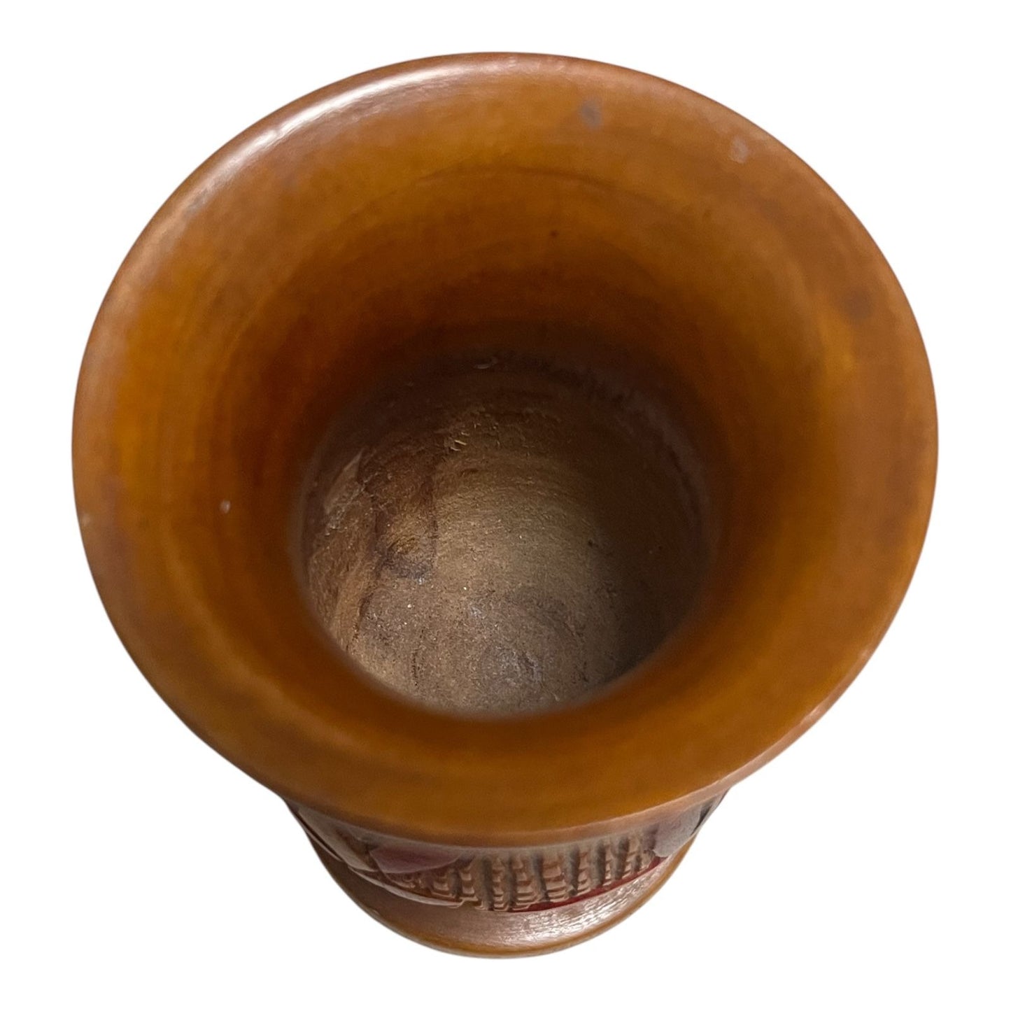Hand-Carved Central American Wood Shallow Bud Vase – Red Floral Relief – Small Rustic Decor