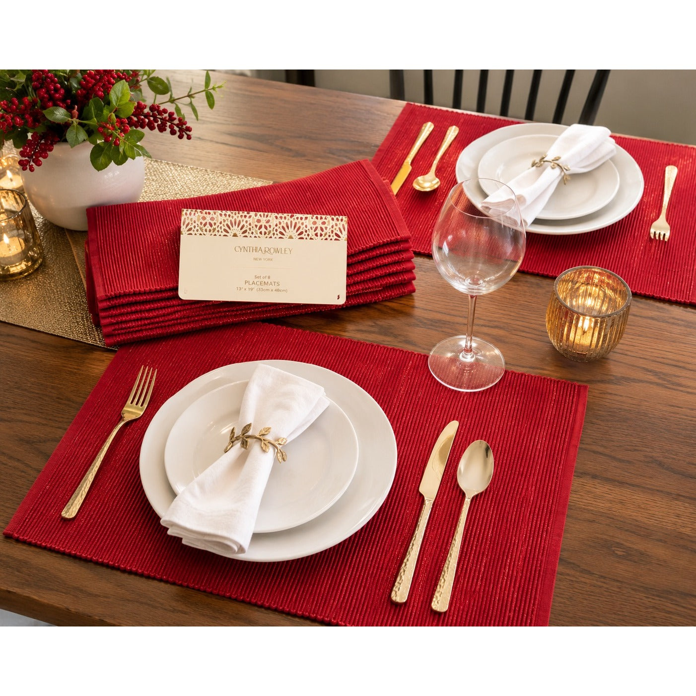 Cynthia Rowley Set of 8 Red Metallic Placemats 13x19 Holiday Table Decor
