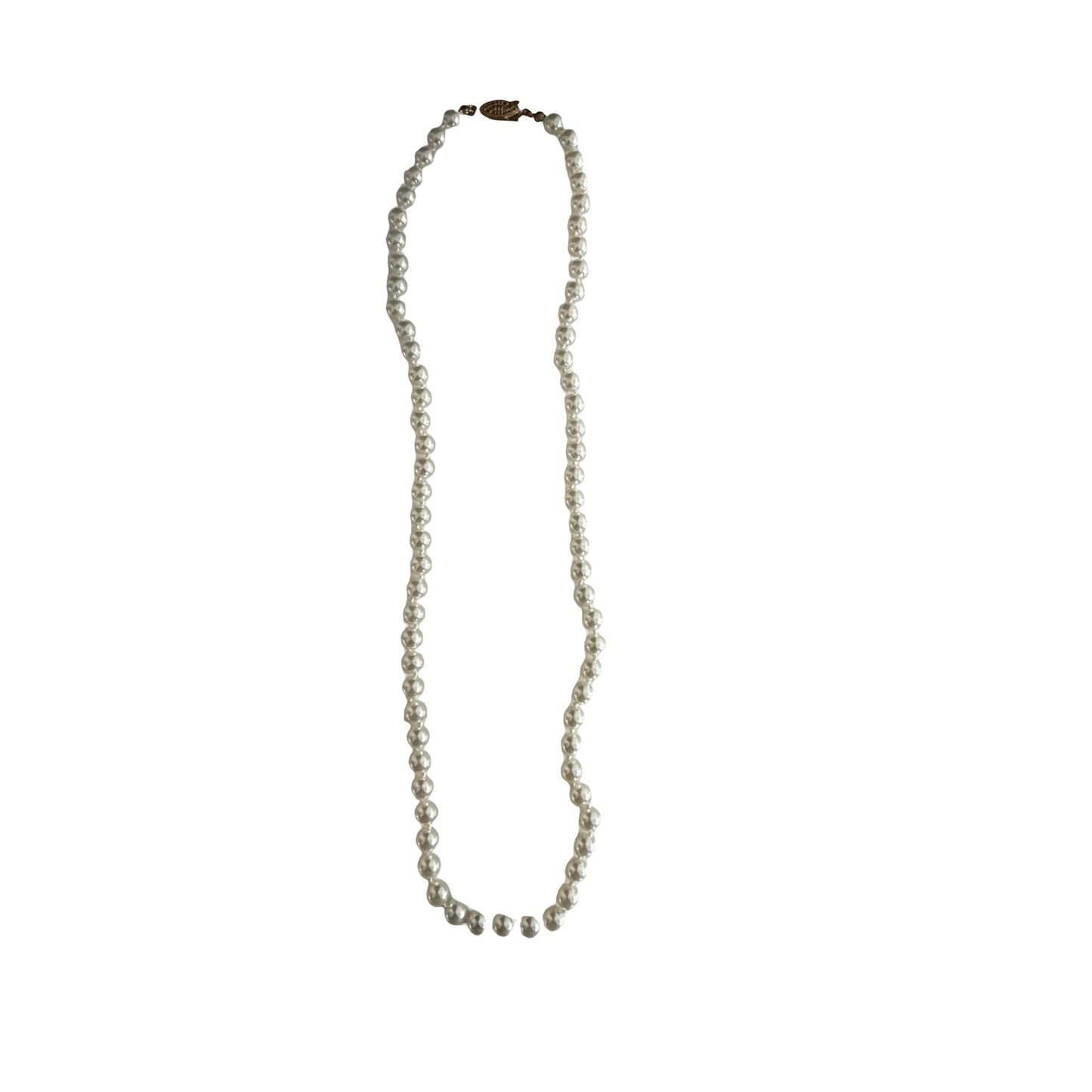 Vintage Faux Pearl Necklace 22 Inch Glass Pearl Strand Beaded Necklace Gold Tone Clasp