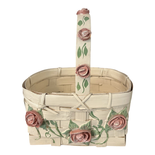 Vintage Hand-Painted Floral Wicker Basket with Pink Roses Cottage Decor