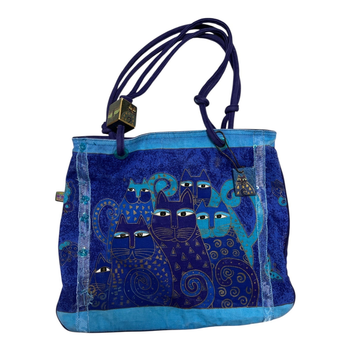 Laurel Burch Blue Cat Tote Bag Canvas Shoulder Bag Sequins Art Purse